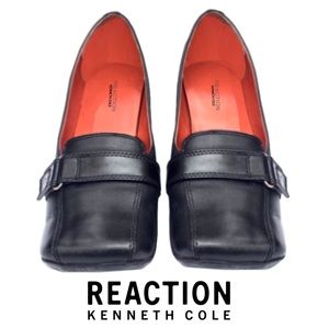 Kenneth Cole Reaction Black Leather Comfort Wedge, Buckle Strap Detail, Sz 8 EUC